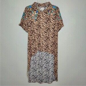 Grace & Emma Embroidered Animal Print High Low Button Up Tunic Shirt Sz. Medium
